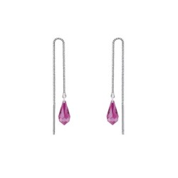 White Gold Plated Fuchsia Teardrop Crystal Thread Dangling Earrings Embellished with Premium Grade Austrian Crystals