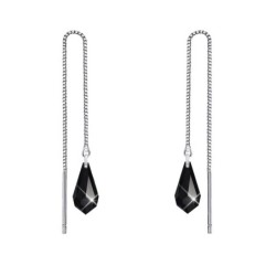 White Gold Plated Jet Teardrop Crystal Thread Dangling Earrings Embellished with Premium Grade Austrian Crystals