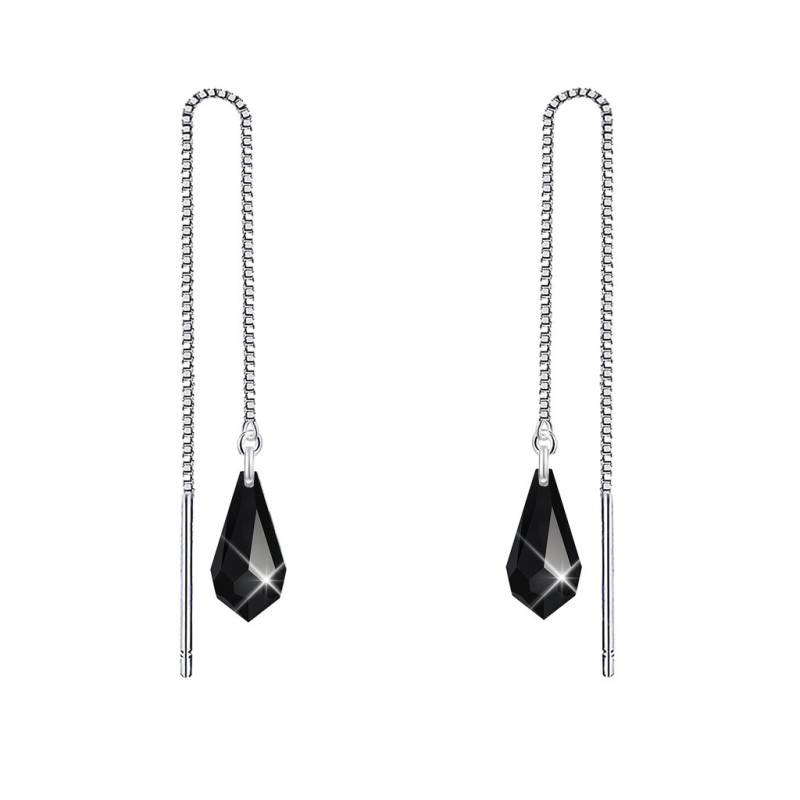 White Gold Plated Jet Teardrop Crystal Thread Dangling Earrings Embellished with Premium Grade Austrian Crystals