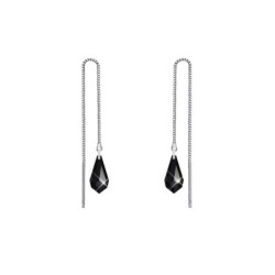 White Gold Plated Jet Teardrop Crystal Thread Dangling Earrings Embellished with Premium Grade Austrian Crystals