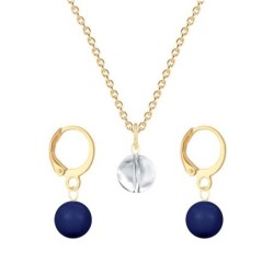 Gold Plated Premium Steel Crystal Clear 8mm Austria Globe Pendant With Dark Lapis Crystal Pearl Hoop Earrings Set