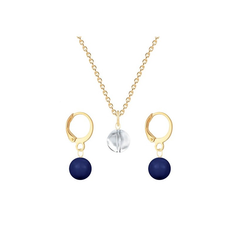 Gold Plated Premium Steel Crystal Clear 8mm Austria Globe Pendant With Dark Lapis Crystal Pearl Hoop Earrings Set