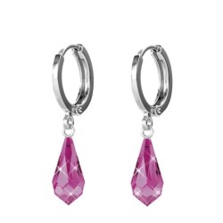 Fuchsia Pink Crystal Teardrop Hoop Earrings Embellished with Premium Grade Austrian Crystals