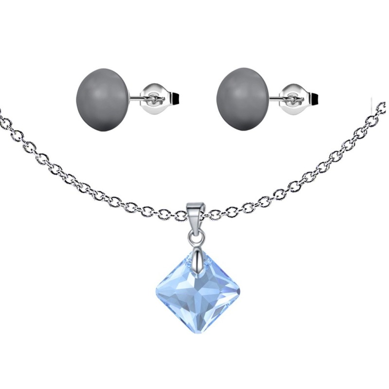 March Birthstone Aquamarine Princess Cut Crystal Pendant With Dark Grey Cabochon 10mm Crystal Pearls Stud Earrings Set