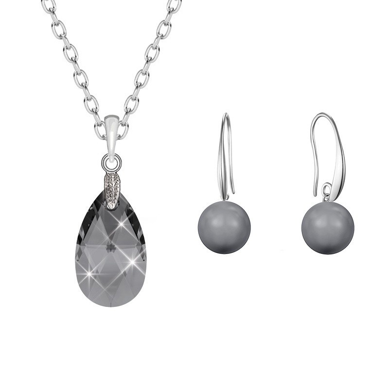 Silver Night Pear Shaped Pendant Necklace Jewellery Set Embellished with Premium Grade Austrian Crystals