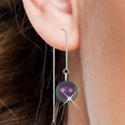 White Gold Plated February Birthpearl Iridescent Purple Crystal Pearl Thread Dangling Earrings