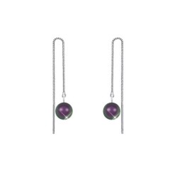 White Gold Plated February Birthpearl Iridescent Purple Crystal Pearl Thread Dangling Earrings