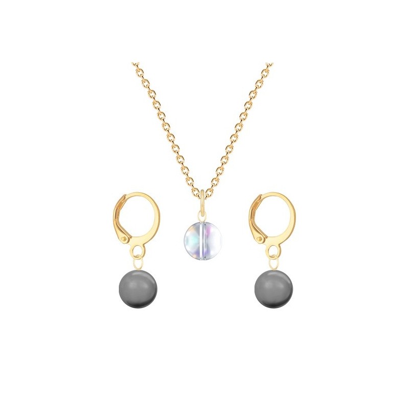 Gold Plated Premium Steel Aurora Borealis 8mm Austria Globe Pendant With Grey Crystal Pearl Hoop Earrings Set