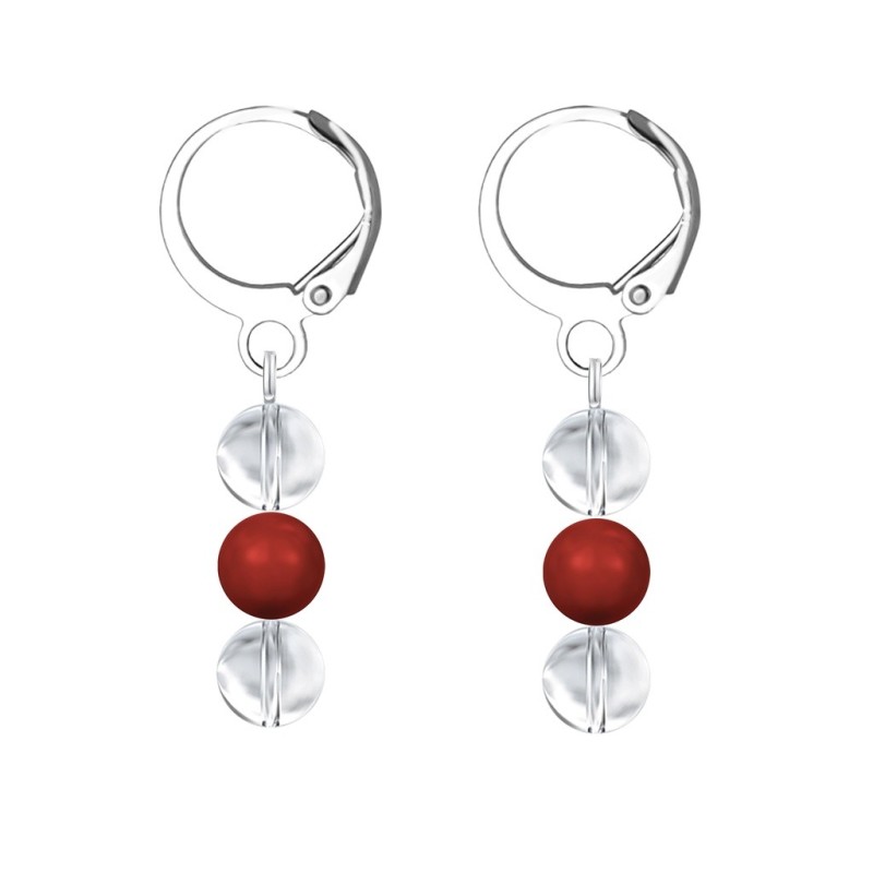 Premium Stainless Steel Hoop Clear Crystal Globe With Corel Red Crystal Pearl Trilogy Earrings (Made In Japan)