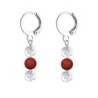 Premium Stainless Steel Hoop Clear Crystal Globe With Corel Red Crystal Pearl Trilogy Earrings (Made In Japan)