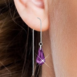 White Gold Plated Amethyst Teardrop Crystal Thread Dangling Earrings Embellished with Premium Grade Austrian Crystals