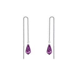 White Gold Plated Amethyst Teardrop Crystal Thread Dangling Earrings Embellished with Premium Grade Austrian Crystals