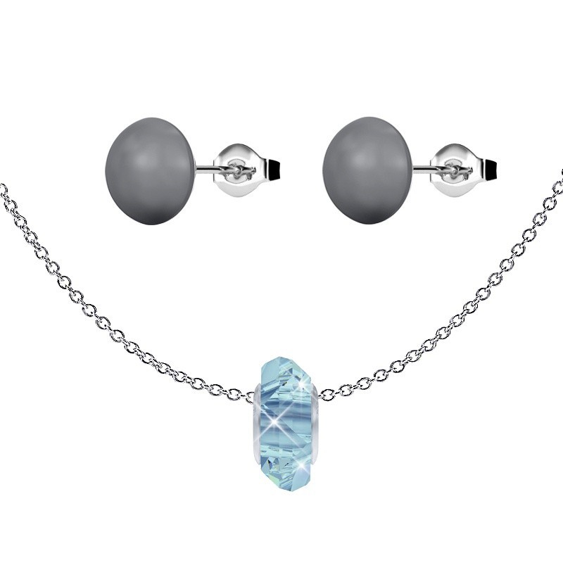 Aquamarine Fortune Bead Premium Steel Necklace With Dark Grey Pearl Earrings Set Embellished with Austrian Crystals