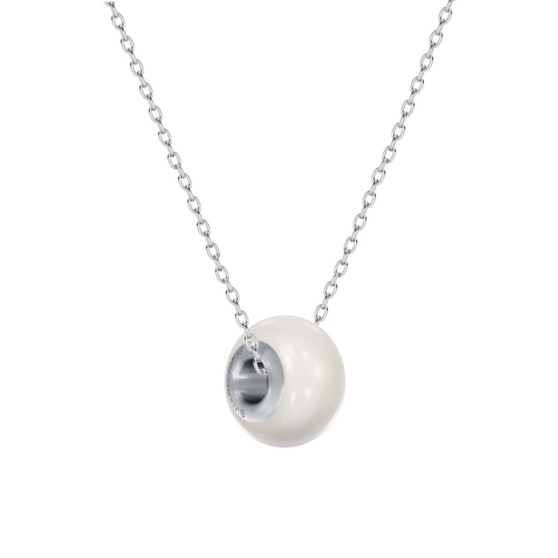 Crystal BeCharmed Pearl White Steel Necklace Embellished with Premium Grade Austrian Crystal Pearl