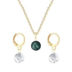 Gold Plated Premium Steel Iridescent Tahitian Crystal Pearl Pendant With Crystal Clear Austria Globe Hoop Earrings Set