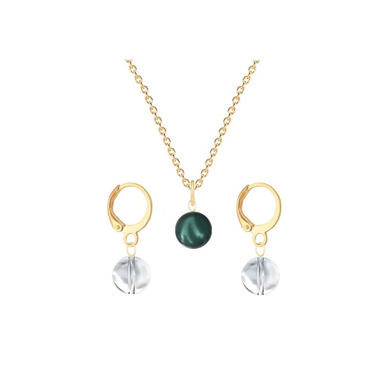 Gold Plated Premium Steel Iridescent Tahitian Crystal Pearl Pendant With Crystal Clear Austria Globe Hoop Earrings Set