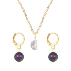 Gold Plated Premium Steel White Patina 8mm Austria Globe Pendant With Iridescent Purple Crystal Pearl Hoop Earrings Set