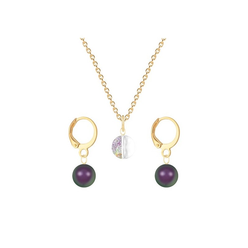 Gold Plated Premium Steel White Patina 8mm Austria Globe Pendant With Iridescent Purple Crystal Pearl Hoop Earrings Set