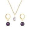 Gold Plated Premium Steel White Patina 8mm Austria Globe Pendant With Iridescent Purple Crystal Pearl Hoop Earrings Set