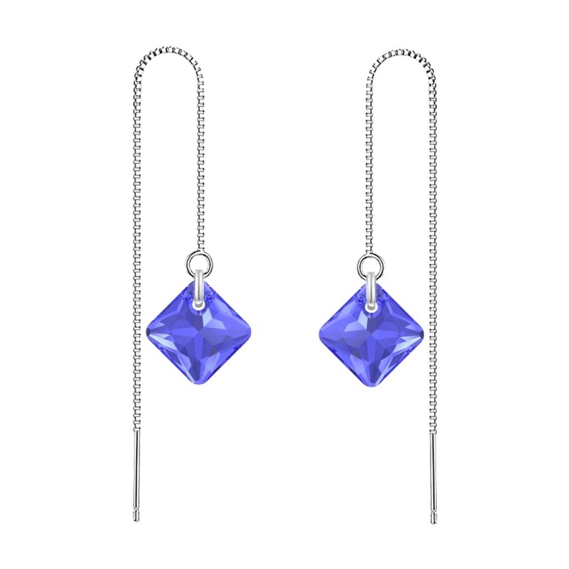 September Birthstone Sapphire Princess Cut Premium Austrian Crystal 18K White Gold Plated Thread Dangling Earrings