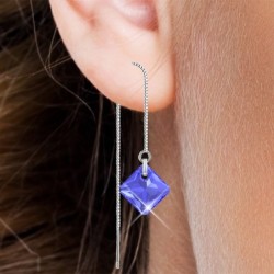 September Birthstone Sapphire Princess Cut Premium Austrian Crystal 18K White Gold Plated Thread Dangling Earrings