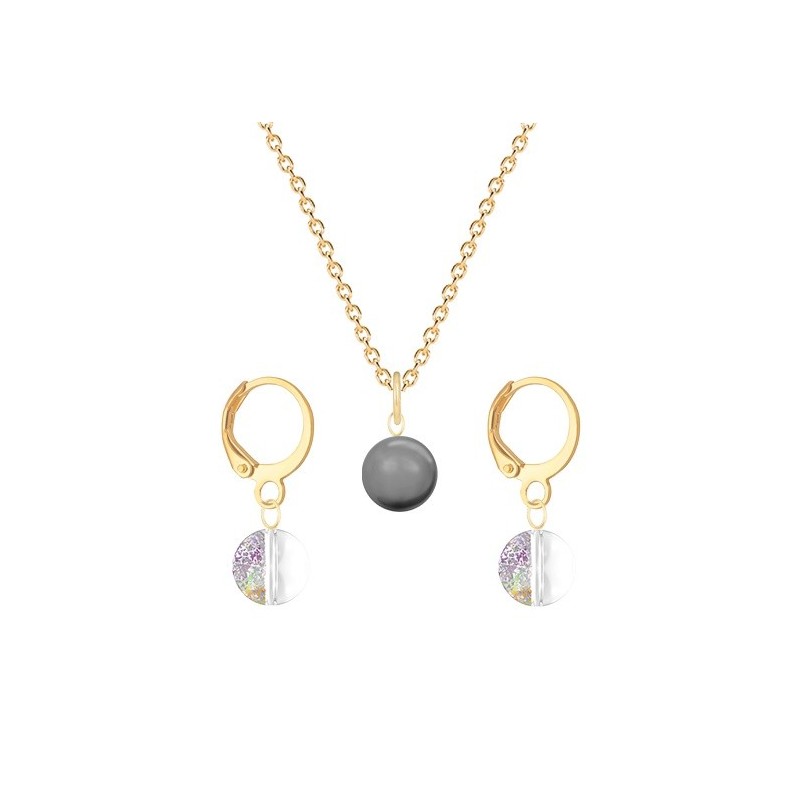 Gold Plated Premium Steel Grey Crystal Pearl Pendant With White Patina Austria Globe Hoop Earrings Set