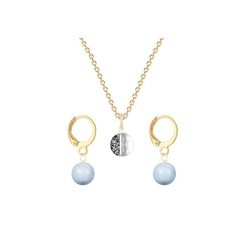 Gold Plated Premium Steel Black Patina 8mm Austria Globe Pendant With Light Blue Crystal Pearl Hoop Earrings Set