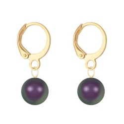 February Birthpearl Gold Plated Iridescent Purple 8mm Crystal Pearl Hoop Earrings Embellished with Austria Crystal Pearl