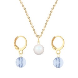 Gold Plated Premium Steel Pearlescent White Crystal Pearl Pendant With Blue Shade Austria Globe Hoop Earrings Set