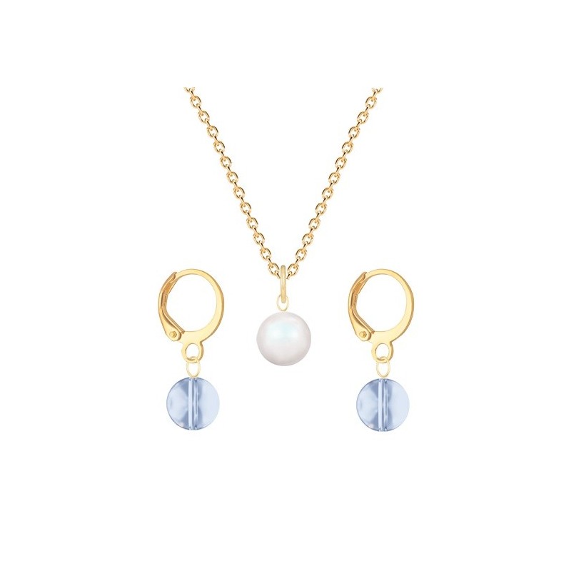 Gold Plated Premium Steel Pearlescent White Crystal Pearl Pendant With Blue Shade Austria Globe Hoop Earrings Set