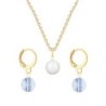 Gold Plated Premium Steel Pearlescent White Crystal Pearl Pendant With Blue Shade Austria Globe Hoop Earrings Set