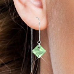 August Birthstone Peridot Princess Cut Premium Austrian Crystal 18K White Gold Plated Thread Dangling Earrings