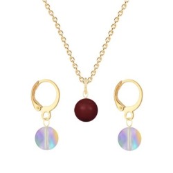 Gold Plated Premium Steel Bordeaux Crystal Pearl Pendant With Paradise Shine Austria Globe Hoop Earrings Set