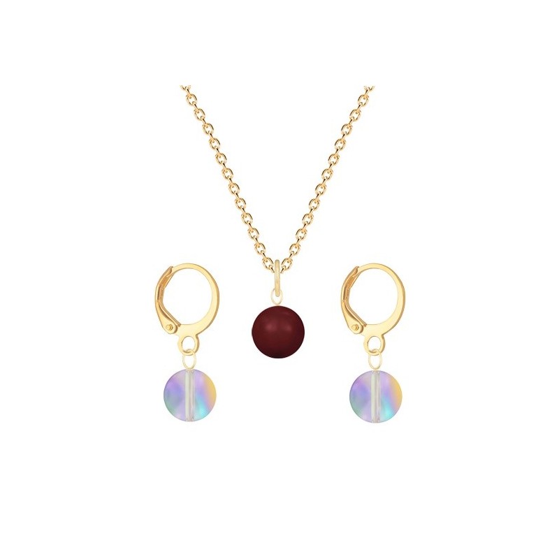 Gold Plated Premium Steel Bordeaux Crystal Pearl Pendant With Paradise Shine Austria Globe Hoop Earrings Set