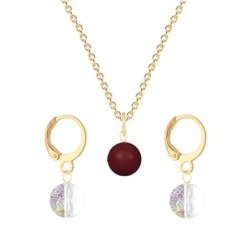 Gold Plated Premium Steel Bordeaux Crystal Pearl Pendant With White Patina Austria Globe Hoop Earrings Set