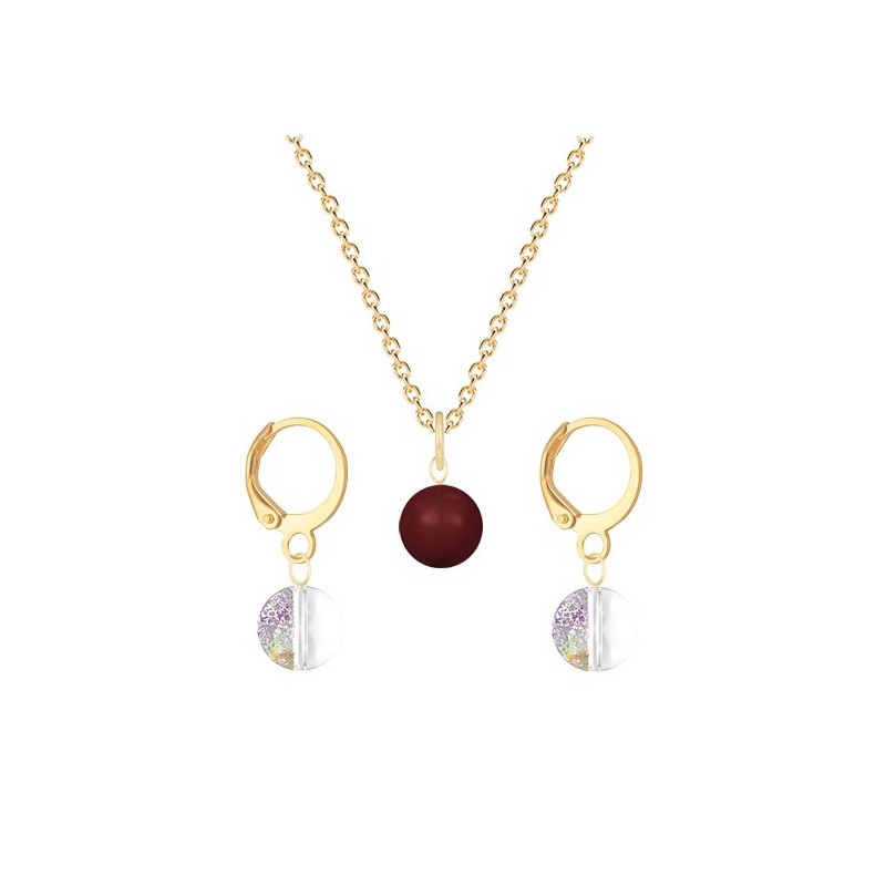 Gold Plated Premium Steel Bordeaux Crystal Pearl Pendant With White Patina Austria Globe Hoop Earrings Set