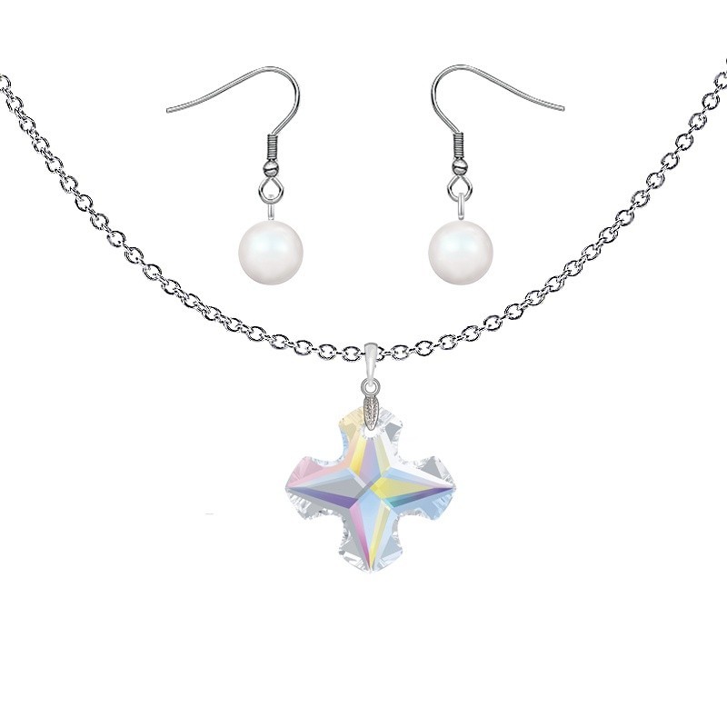 Crystal  Aurora Borealis Greek Cross 18mm Pendant and Earrings Set Embellished with Premium Grade Austrian Crystals