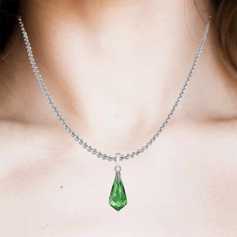 18k White Gold Plated Peridot Crystal Teardrop Pendant Ball Chain Necklace Embellished with Austrian Crystal