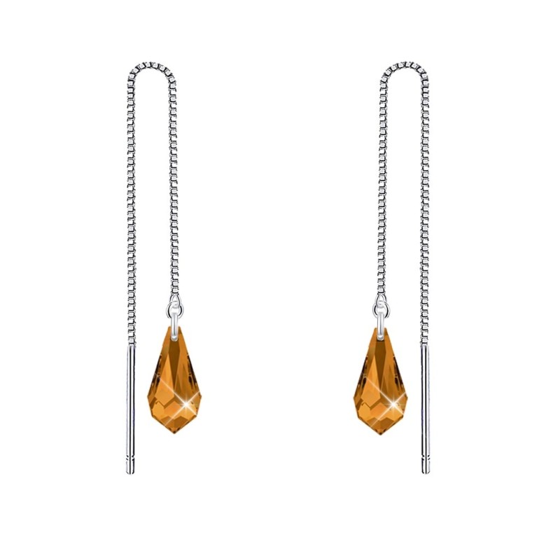 White Gold Plated Topaz Teardrop Crystal Thread Dangling Earrings Embellished with Premium Grade Austrian Crystals