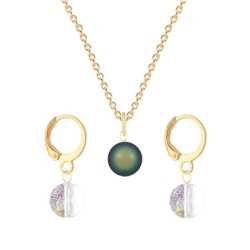 Gold Plated Premium Steel Scarabaeus Green Crystal Pearl Pendant With White Patina Austria Globe Hoop Earrings Set