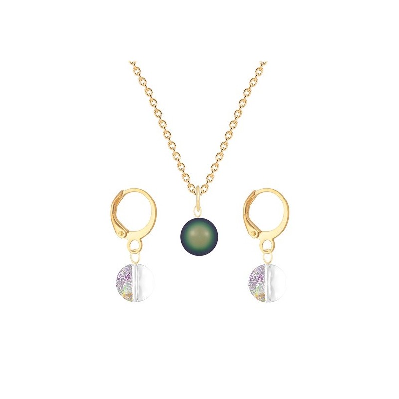 Gold Plated Premium Steel Scarabaeus Green Crystal Pearl Pendant With White Patina Austria Globe Hoop Earrings Set