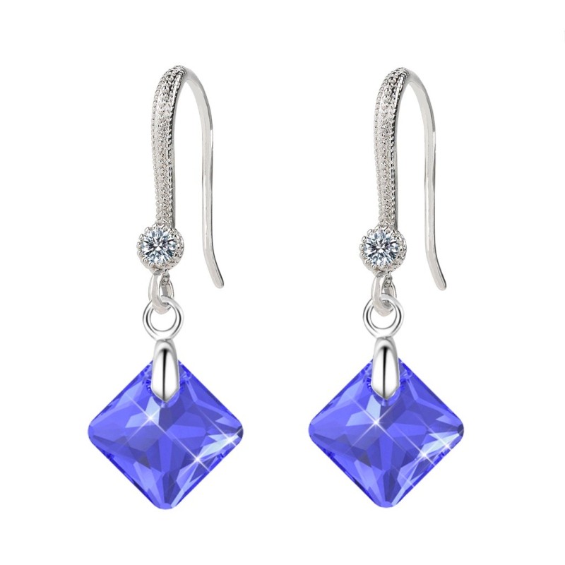 September Birthstone Sapphire Princess Cut Premium Austrian Crystal 18K White Gold Plated Elegant Earrings