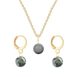 Gold Plated Premium Steel Grey Crystal Pearl Pendant With Black Diamond Austria Globe Hoop Earrings Set