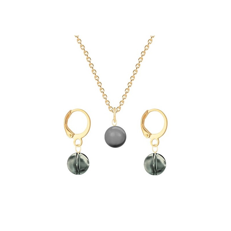 Gold Plated Premium Steel Grey Crystal Pearl Pendant With Black Diamond Austria Globe Hoop Earrings Set