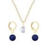 Gold Plated Premium Steel Aurora Borealis 8mm Austria Globe Pendant With Dark Lapis Crystal Pearl Hoop Earrings Set