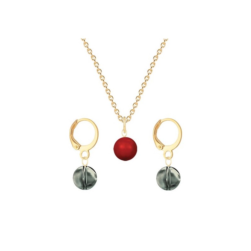 Gold Plated Premium Steel Corel Red Crystal Pearl Pendant With Black Diamond Austria Globe Hoop Earrings Set