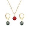 Gold Plated Premium Steel Corel Red Crystal Pearl Pendant With Black Diamond Austria Globe Hoop Earrings Set