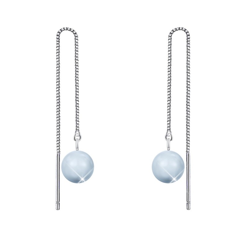 White Gold Plated March Birthpearl Light Blue Crystal Pearl Thread Dangling Earrings