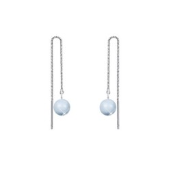 White Gold Plated March Birthpearl Light Blue Crystal Pearl Thread Dangling Earrings