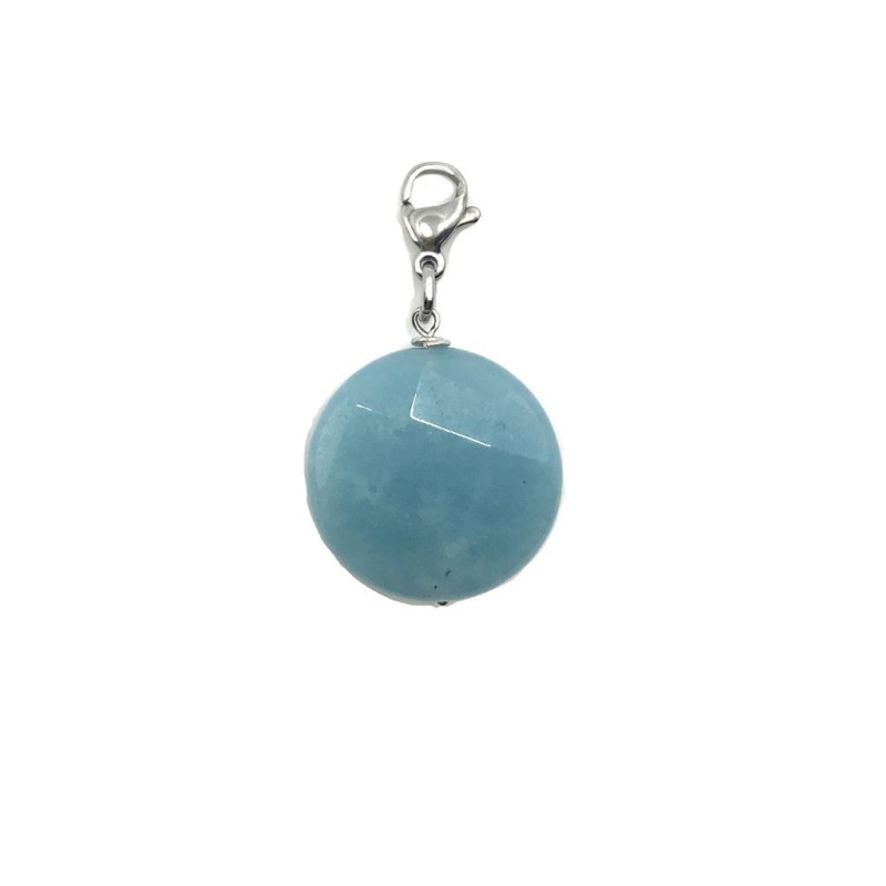 Premium Natural Flat Round Blue Amazonite Crystal Stainless Steel Charm